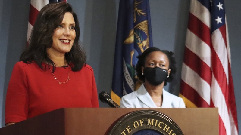 Michigan Gov. Gretchen Whitmer addresses the state during a speech in Lansing, Mich., Wednesday, Sept. 16, 2020. (Michigan Office of the Governor via AP)