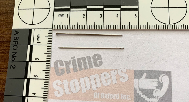 A sample of the pins and needles found at the Henry Street dog park in Woodstock, Ont. are seen in this image released on Friday, Sept. 18, 2020. (Source: Woodstock Police Service)
