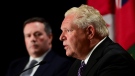 Ontario Premier Doug Ford speaks as Alberta Premier Jason Kenney looks on during a press conference in Ottawa on Friday, Sept. 18, 2020. (Sean Kilpatrick/THE CANADIAN PRESS)