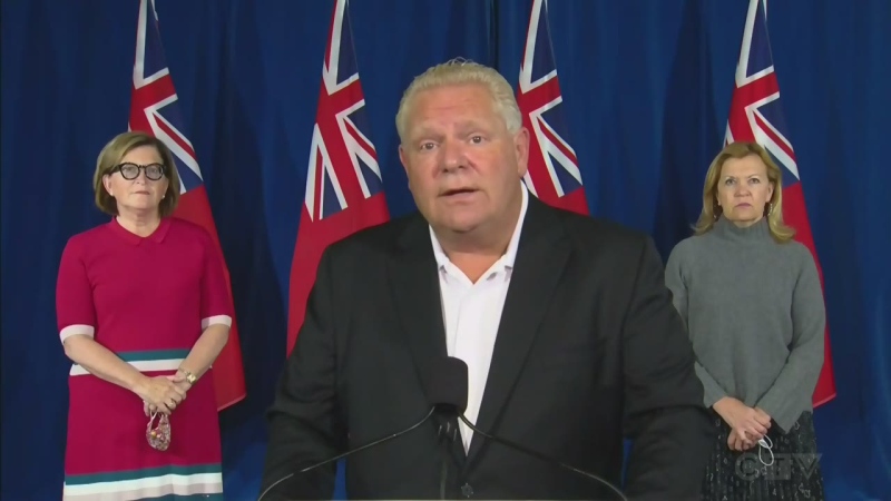 Premier Doug Ford talks about the new province-wide restrictions on social gatherings at a news conference on Saturday, Sept. 19, 2020.