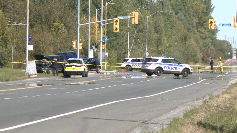 Emergency services attend the scene of a serious collision on Mitch Owens Rd. in Greely on Monday, Sept. 21, 2020.