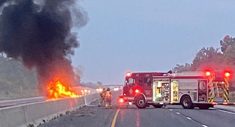 A vehicle is engulfed in flames on Highway 401 on Thursday, Sept 24, 2020. (Source: OPP Twitter) 