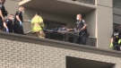 First responders are on scene on Thursday, Sept. 24, 2020 after police say a man fell from a balcony at a King Street apartment in London, Ont. 
(Jim Knight / CTV London)