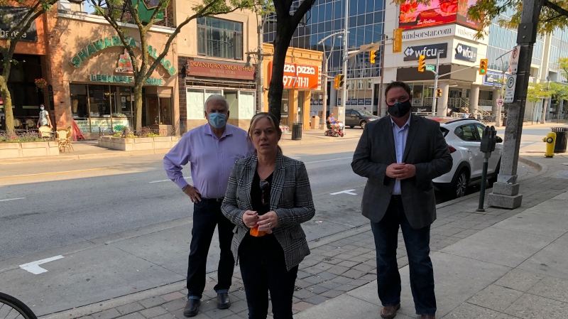 Lisa Gretzky MPP Windsor West, Percy Hatfield MPP Windsor-Tecumseh, and Taras Natyshak MPP Essex, in downtown Windsor, Ont. to announce NDP Save Main Street plan on Friday, Sept. 27 2020. (courtesy Ontario NDP)