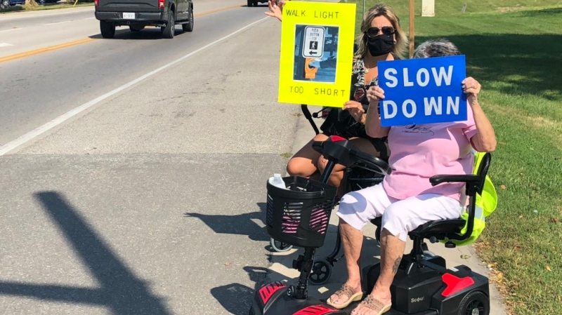 Seniors in Amherstburg protest to extend cross-signal times and get drivers to slow down at busy intersection in Amherstburg, Ont. on Saturday, Sept. 26 2020. (Alana Hadadean/CTV Windsor)
