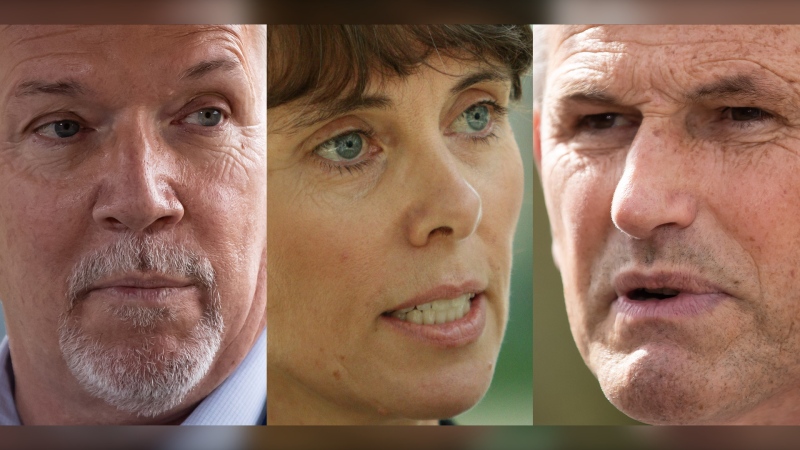A composite image of three photographs shows BC NDP Leader John Horgan, left, in Coquitlam, B.C., on Sept. 25, 2020; BC Green Party Leader Sonia Furstenau, centre, in Victoria on Sept. 24, 2020; and BC Liberal Party Leader Andrew Wilkinson Pitt Meadows, B.C., on Sept. 24, 2020. (Darryl Dyck, Chad Hipolito / THE CANADIAN PRESS)