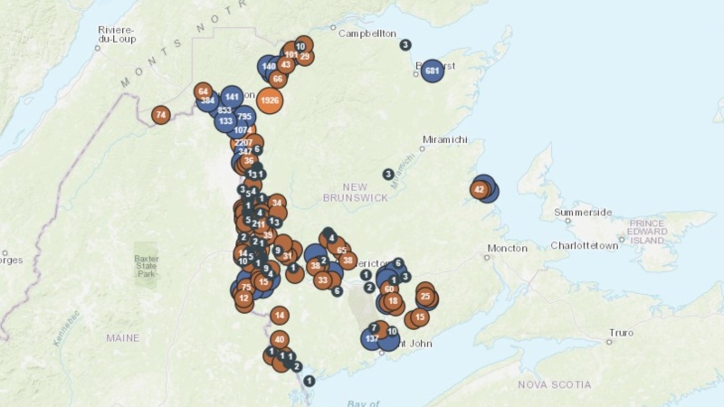 An image of NB Power's outage map is seen on Sept. 30, 2020. (NB Power)