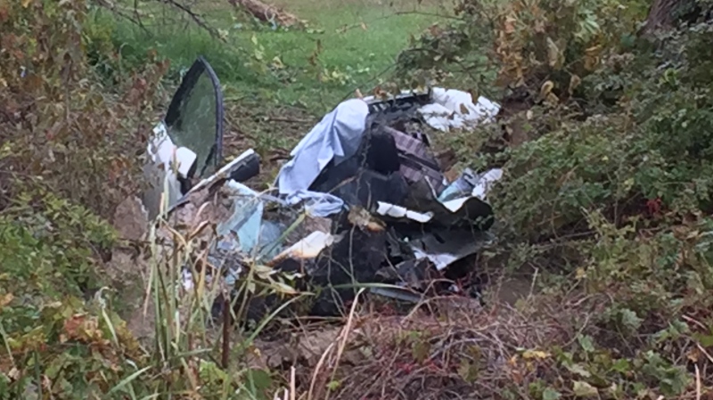 A compact vehicle that crashed near Parkhill, Ont. is seen Thursday, Oct. 1, 2020. (Bryan Bicknell / CTV News)
