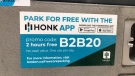 A small sticker is the only indication CTV News could find Friday, Oct. 2, 2020 on meters or pay stations in London, Ont. that parking is free, for two hours, with the Honk mobile app. (Sean Irvine / CTV News)