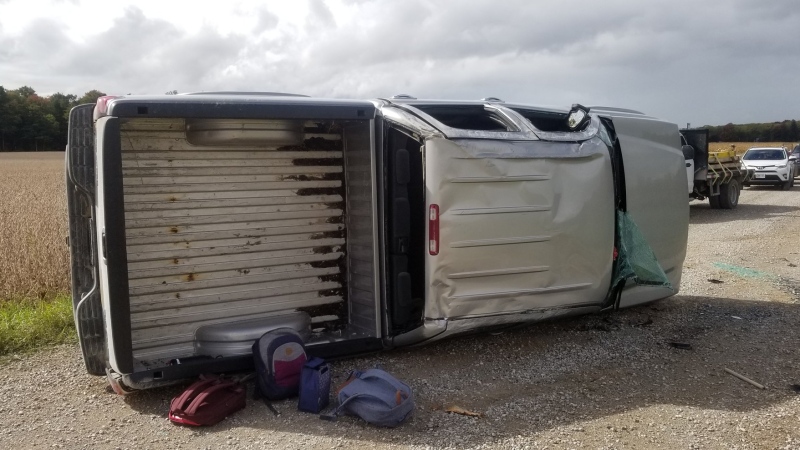 An overturned pickup truck is seen near Cinton, Ont. on Friday, Oct. 2, 2020. (Source: @OPP_WR / Twitter)