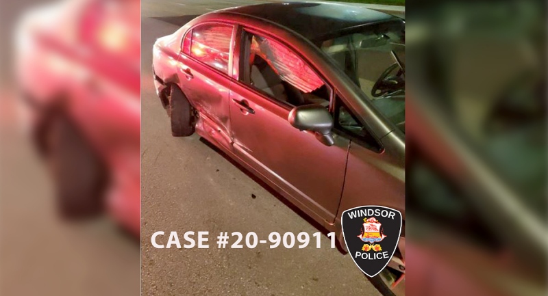 A damaged car after a crash at the intersection of Huron Church Road and Tecumseh Road West in Windsor, Ont., on Tuesday, Oct. 6, 2020. (Courtesy Windsor police)