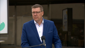 During an Oct. 6, 2020 campaign event in Saskatoon, Scott Moe was asked about a social media post concerning his involvement in a fatal 1997 crash. (CTV News)