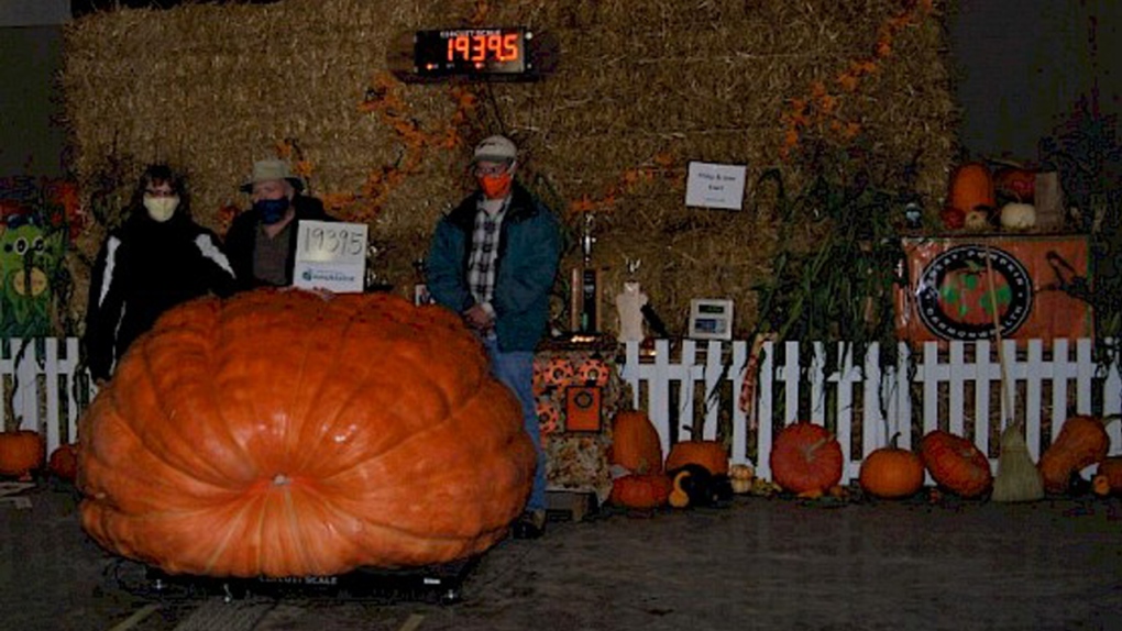 Three growers next to a giant pumpkin