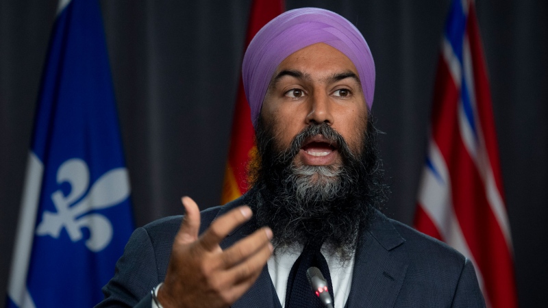 NDP leader Jagmeet Singh speaks during a news conference on Parliament Hill Thursday October 8, 2020 in Ottawa. THE CANADIAN PRESS/Adrian Wyld
