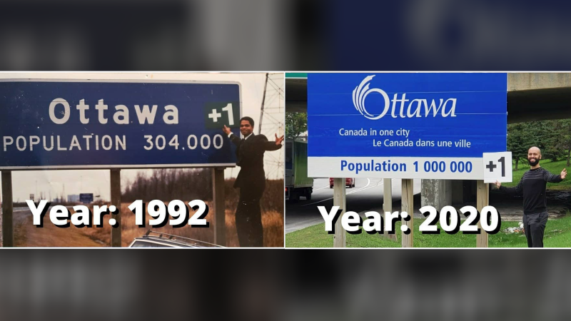 Alex Gittens posed for a photo at the Ottawa sign to celebrate the birth of his son, 28 years after his dad posed for a photo to celebrate his birth. (Photo courtesy: Alex Gittens)