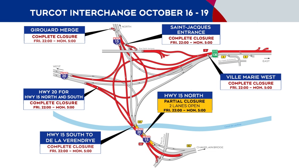 Turcot Interchange closings Oct. 16 to Oct. 19