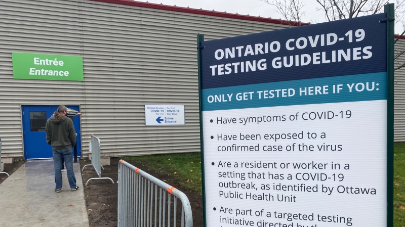 A sign outside the COVID-19 care clinic and testing centre, located at the Ray Friel Recreation Complex. (Christina Succi / CTV News Ottawa)