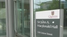 The Sir John A. Macdonald Hall on the campus of Queen's University in Kingston, Ont. will be renamed after the university's board of trustees approved a recommendation to drop the name of Canada's first prime minister from its Faculty of Law building. (Kimberley Johnson / CTV News Ottawa)