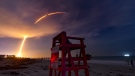 A SpaceX Falcon 9 lifts off rom Pad 39A at Kennedy Space Center early Friday, Aug. 7, 2020, as seen in this four-minute time exposure from Cocoa Beach, Fla. The rocket is carrying 57 Starlink satellites and two Earth observation spacecraft for BlackSky. (Malcolm Denemark/Florida Today via AP)