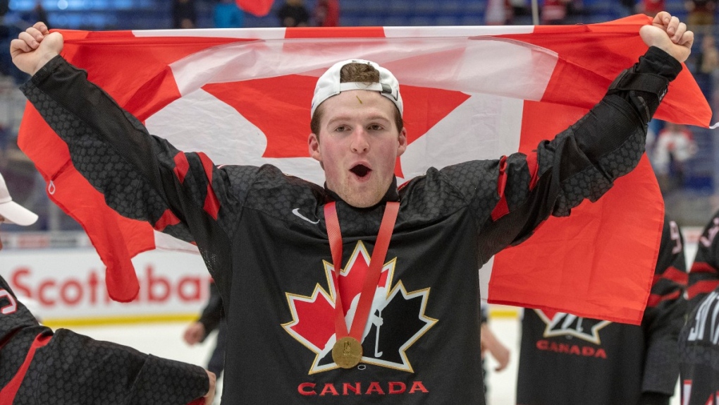 Canada's Alexis Lafreniere celebrates in Ostrava