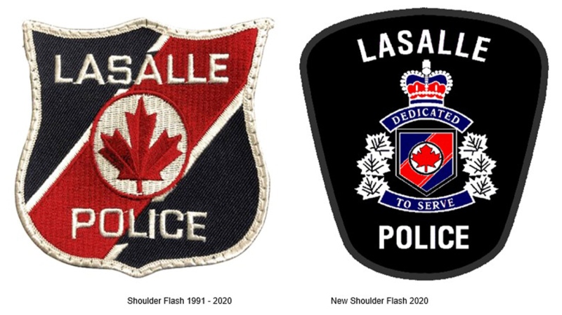 Both the previous and new shoulder flashes worn by uniformed LaSalle police officers. (courtesy LaSalle Police Service)