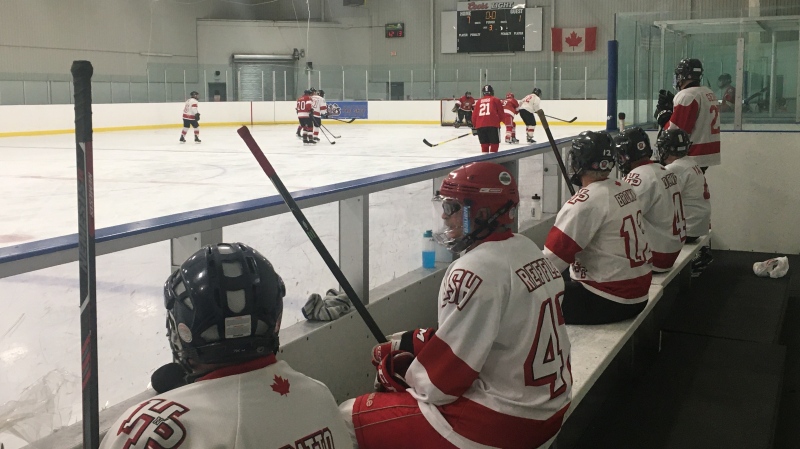 London Senior Hockey league action at Western Fair District in London, Ont. on Wednesday, Oct. 21, 2020. (Brent Lale / CTV News)