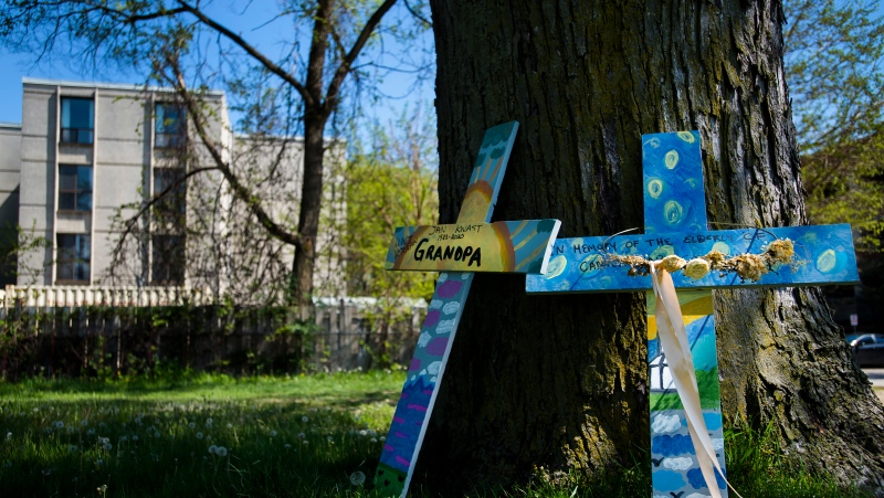Crosses are displayed outside a long-term care centre marking the deaths of multiple people that occurred during the COVID-19 pandemic. THE CANADIAN PRESS/Nathan Denette