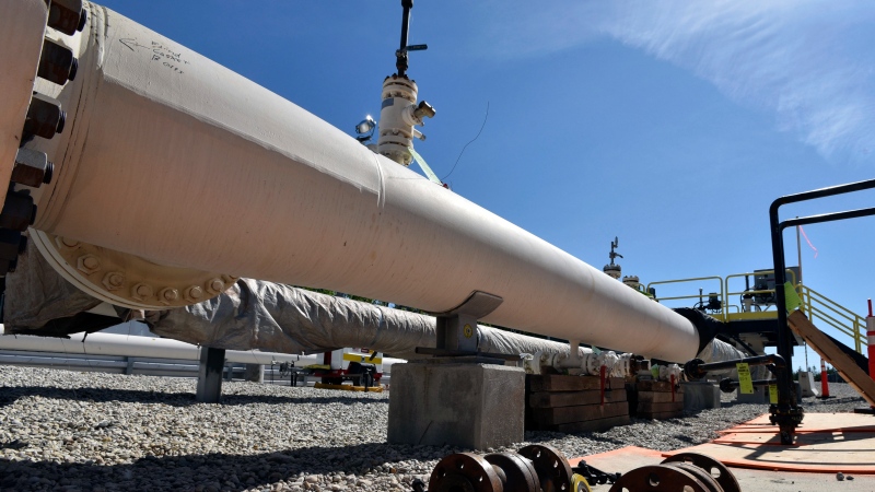 In this June 8, 2017, file photo, fresh nuts, bolts and fittings are ready to be added to the east leg of the Enbridge Line 5 pipeline near St. Ignace, Mich. (Dale G. Young/Detroit News via AP, File)