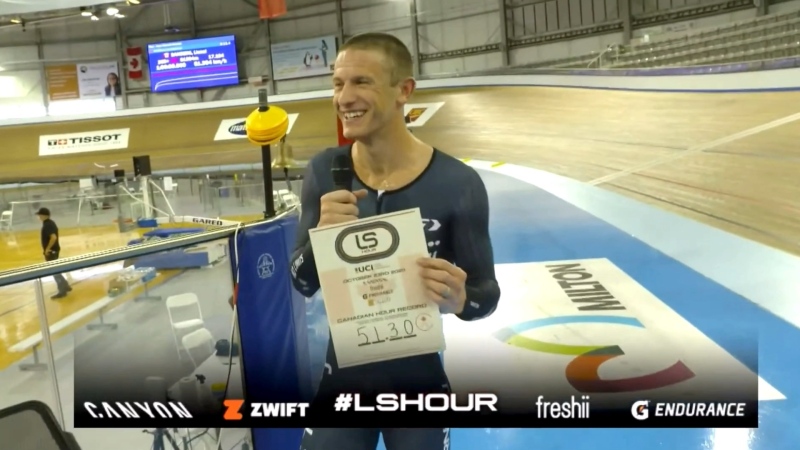 Windsor-native Lionel Sanders is recognized after setting a new Canadian cycling record for longest distance cycled in 60 minutes after pedalling 51.304 kilometres at Milton’s Mattamy National Cycling Centre on Friday, October 23, 2020. (Courtesy Lionel Sanders/YouTube).