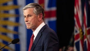 B.C. Liberal Leader Andrew Wilkinson pauses while reading a statement at provincial election night headquarters, in Vancouver, B.C., Saturday, Oct. 24, 2020. (Darryl Dyck / THE CANADIAN PRESS)