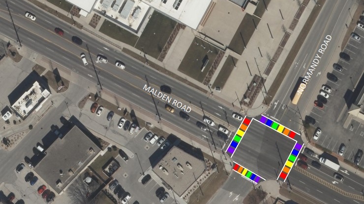 Rainbow crosswalk proposed at the intersection of Normandy Road and Malden Road. (Courtesy Town of LaSalle)