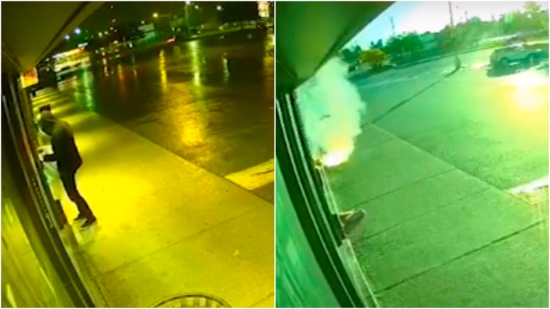 Video surveillance footage released by police shows someone putting a package in front of a store and then the package bursts into flame. (Durham Regional Police)