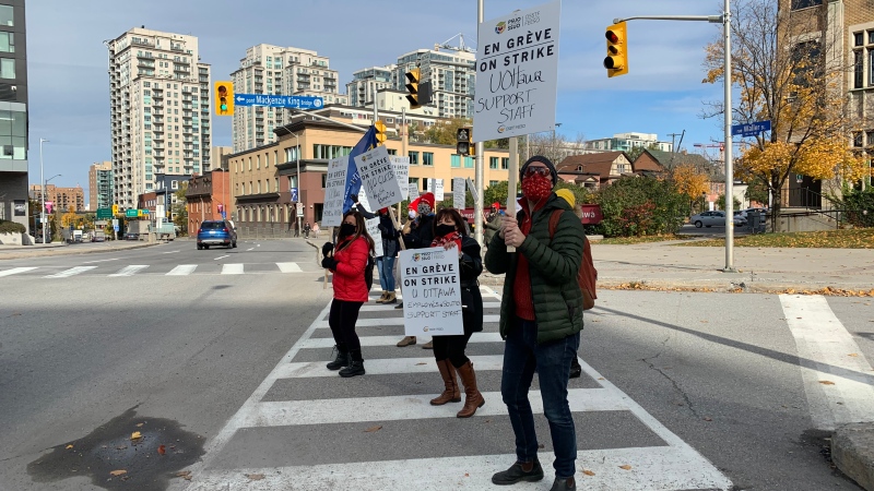 Support staff at uOttawa spent Tuesday afternoon, Oct. 27, 2020, on the picket line at Waller St. and the Mackenzie King Bridge. (Saron Fanel / CTV News Ottawa)