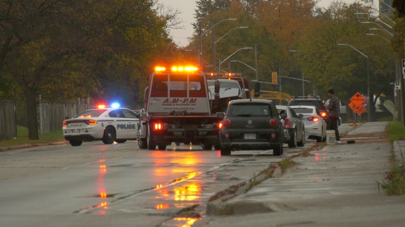 Four vehicle collision at Riverside Drive and Drouillard Road in Windsor, Ont. on Tuesday, Oct. 27 2020. (Sijia Liu/CTV Windsor)