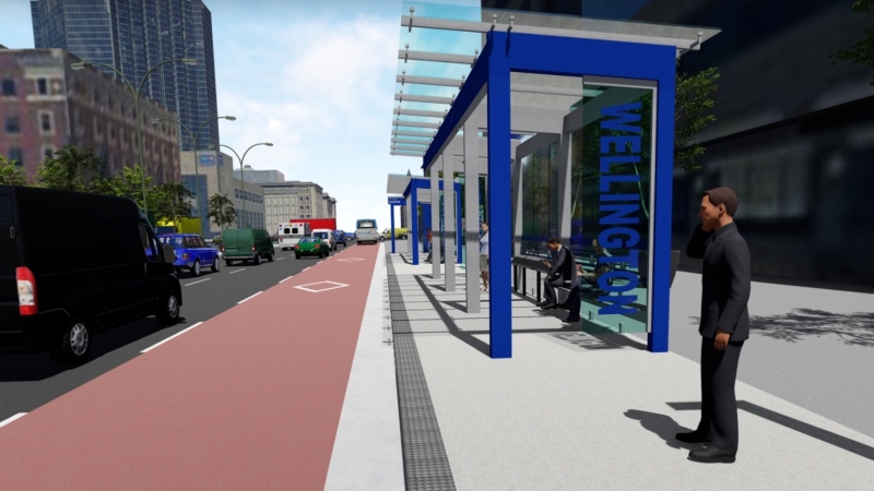 BRT Concept images for bus shelters and lanes in the downtown loop. (Source: City of London)