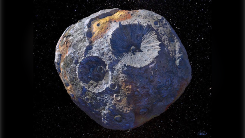 The massive asteroid 16 Psyche, shown here in an artist's rendering, is the subject of a new study by SwRI scientist Tracy Becker, who observed the object at ultraviolet wavelengths. (Courtesy of Maxar/ASU/P. Rubin/NASA/JPL-Caltech)