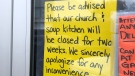 A sign in the door of the Word of Life Church in Blenheim, Ont. is seen Friday, Oct. 30, 2020. (Jim Knight / CTV News)