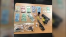 Essex County OPP seized fentanyl, methamphetamine, hydromorphone, a replica pistol, a set of brass knuckles and a quantity of Canadian currency. (Courtesy OPP)
