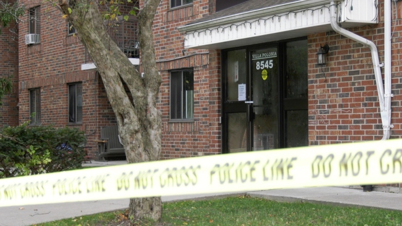 The apartment building known as Building B of the Villa Polonia apartment complex at 8545 Little River Road remains taped off on Monday, November 2, 2020 as investigators with the Office of the Fire Marshal probe the cause of a weekend fire. (Ricardo Veneza/CTV Windsor).