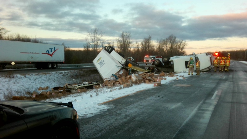 Highway 401 westbound near Cornwall was closed Tuesday morning after a crash involving several tractor-trailers.