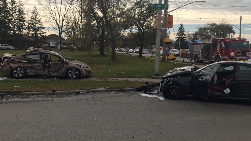 Two vehicles are left heavily damaged following a serious crash on Southdale Road in London, Ont. on Tuesday, November 3, 2020. (Sean Irvine / CTV London) 