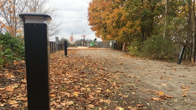 Thirty-six LED bollard lights have been installed on the path and bridge of the Elevated Park in St. Thomas, Ont. (Brent Lale / CTV News)