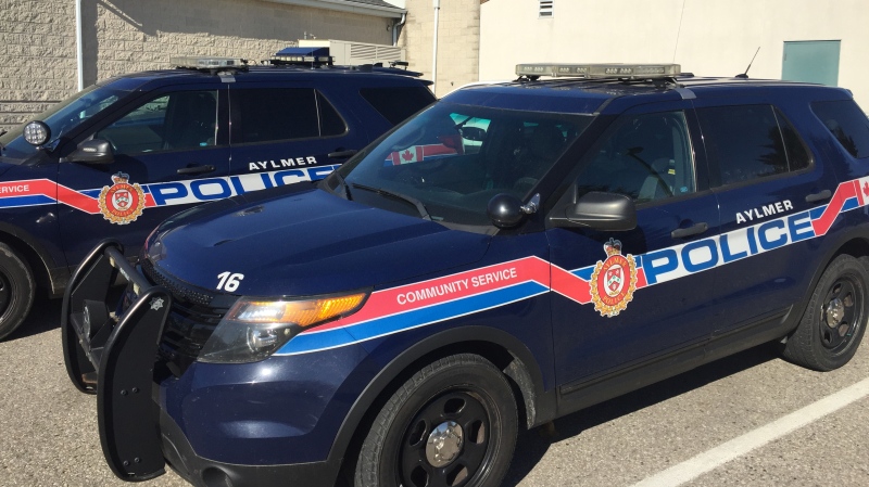 Aylmer police cruisers are seen on Wednesday, Nov. 4, 2020. (Bryan Bicknell / CTV News)