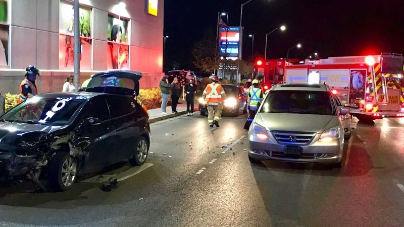 A three-vehicle collision on Southdale Road east at Jalna Boulevard in London, Ont. on Wednesday, Nov. 4, 2020. (Sean Irvine / CTV News)