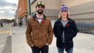 Swade Orchard (left) and Myk Ulan-Hohol of Alien to the Ignorant outside Walmart at Preston Crossing in Saskatoon. (Nicole Di Donato/CTV Saskatoon)