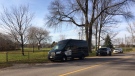 Police investigate after a body was found on the shore of Lake Simcoe near Kitchener Park in Orillia, Ont. on Saturday, November 7, 2020 (Chris Garry/CTV News)