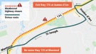 A stretch of Highway 174 westbound will close Nov. 20-23 for LRT construction. (City of Ottawa)
