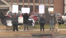 A group of angry residents in North Bay gathered outside the courthouse Tuesday morning to share their message that something needs to be done about crime in the city. (Alana Pickrell/CTV News)