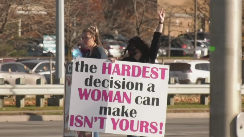 Pro-choice advocates demonstrate in London, Ont. on Tuesday, Nov. 10, 2020. (Marek Sutherland / CTV News)