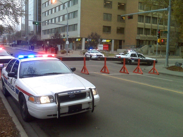 EPS blocking off traffic around the WCB building in downtown Edmonton Wednesday October 21, 2009.